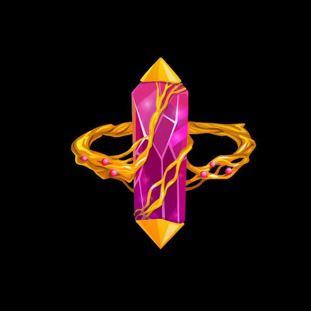 Vector magic ring with pink gemstone, vector fantasy jewelry. wizard or witch gold jewel with precious gem and golden roots twine diamond, ruby or crystal. isolated cartoon design element for computer game