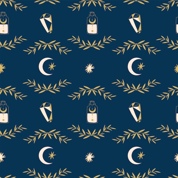 Magic seamless pattern Boho esoteric and celestial printspotion and cristal Hand drawn doodle magician emblem Decor textile wrapping paper wallpaper vector print or fabric