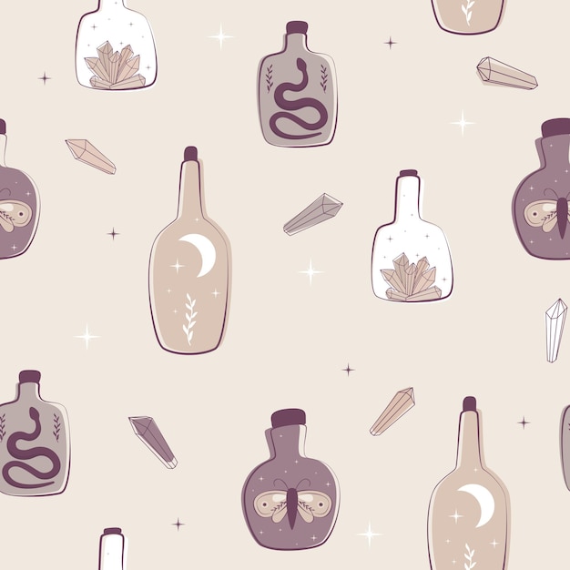 magic seamless pattern boho style with bottles