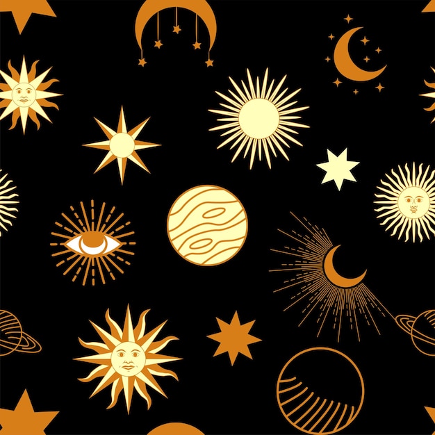 magic seamless pattern with constellations sun moon magic eyes clouds and stars mystical esoteric background for design