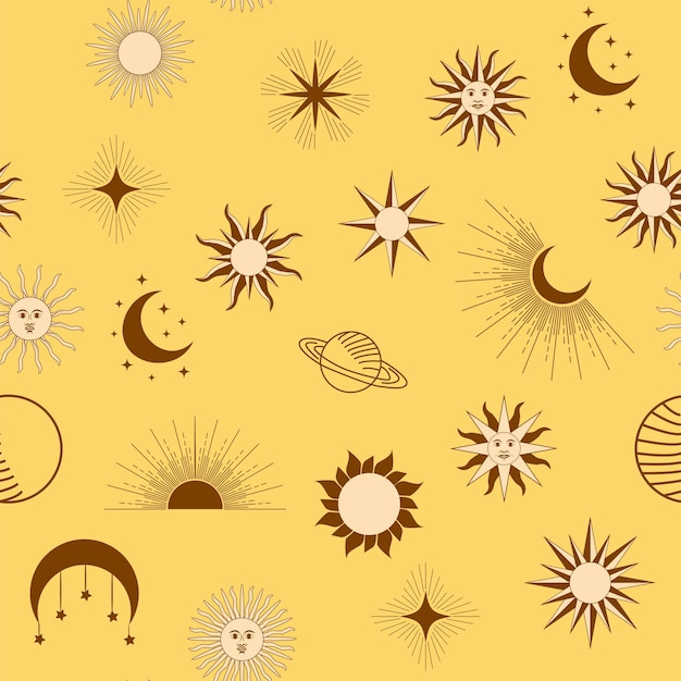 Vector magic seamless pattern with constellations sun moon magic eyes clouds and stars mystical esoteric