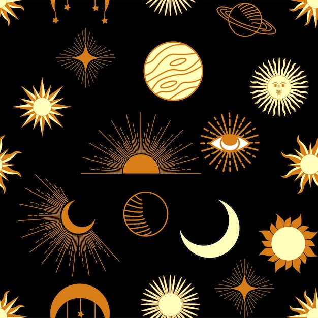 Vector magic seamless pattern with constellations sun moon magic eyes clouds and stars mystical esoteric