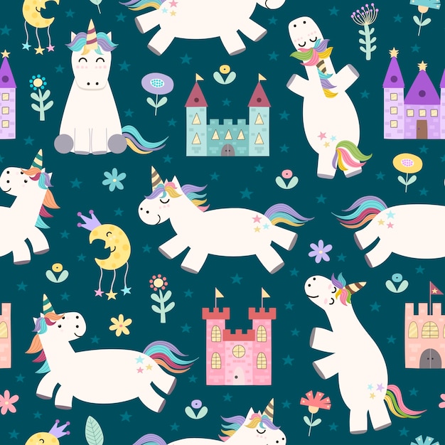 Magic seamless pattern with cute little unicorn and castles