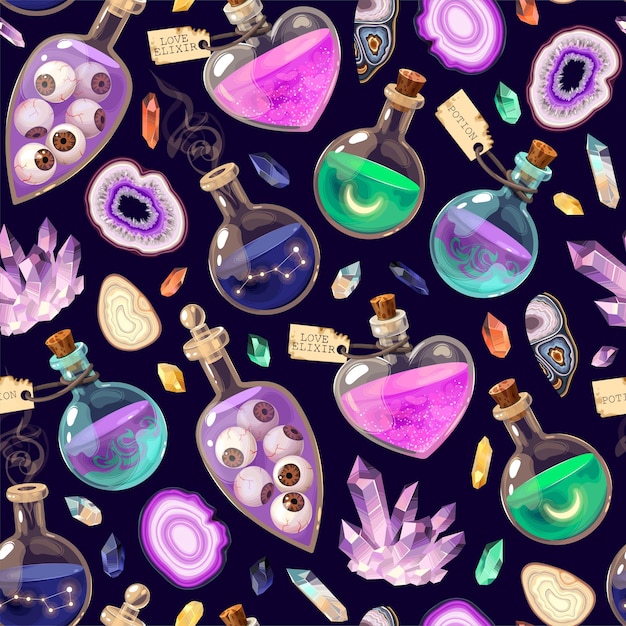 Vector magic seamless pattern with magic potions love elixirs and crystals