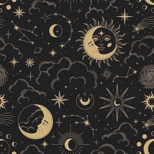 Vector magic seamless vector pattern with sun, constellations, moons and stars. gold decorative ornament. graphic pattern for astrology, esoteric, tarot, mystic and magic. luxury elegant design.