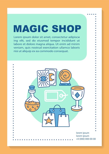 Magic shop poster template layout. Esoteric store goods. Banner, booklet, leaflet print design with linear icons. Fortune telling. Vector brochure page layouts for magazines, advertising flyers