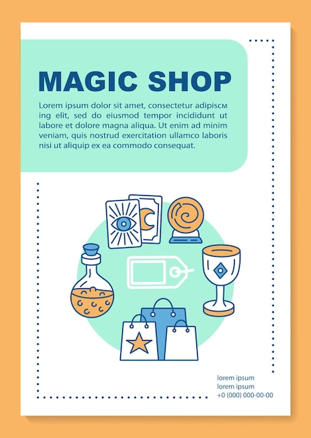 Magic shop poster template layout. esoteric store goods. banner, booklet, leaflet print design with linear icons. fortune telling. vector brochure page layouts for magazines, advertising flyers