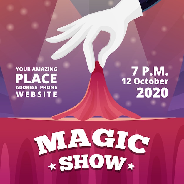 Vector magic show invitation. poster of circus show with  picture of magician male in black costume and white gloves  template