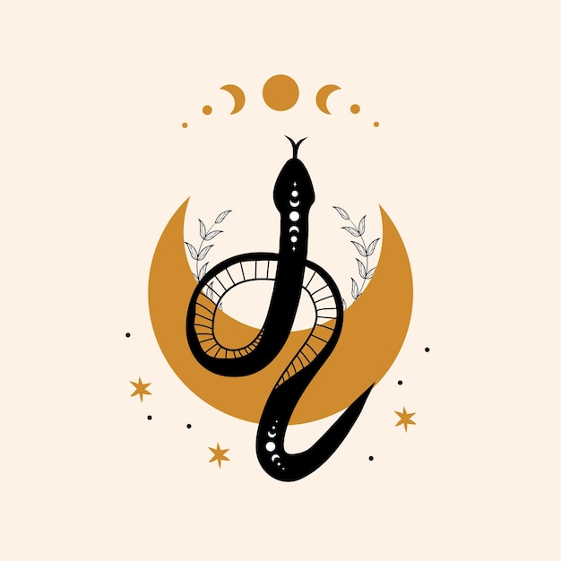 Magic snake in boho style with moon Mystical symbol in a trendy minimalist style