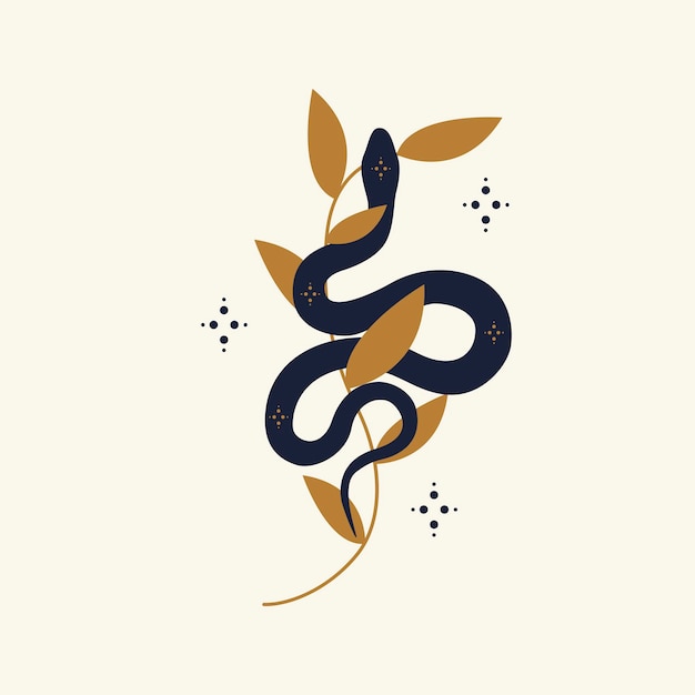 Vettore serpente magico con stella lunare e mezzaluna simboli mistici in stile minimalista alla moda su sfondo chiaro scena minimalista cosmica con corpi celesti rami di serpente