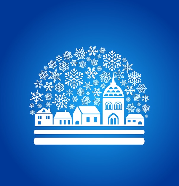 Globo magico della neve con un contorno di città e fiocchi di neve. illustrazione di natale