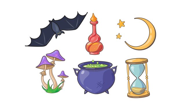 Набор магических и заклинательных знаков Хэллоуина магические элементы, бутылка зелья, полумесяц, котел, грибы, песочные часы, летучая мышь, векторная иллюстрация, изолированная на белом фоне