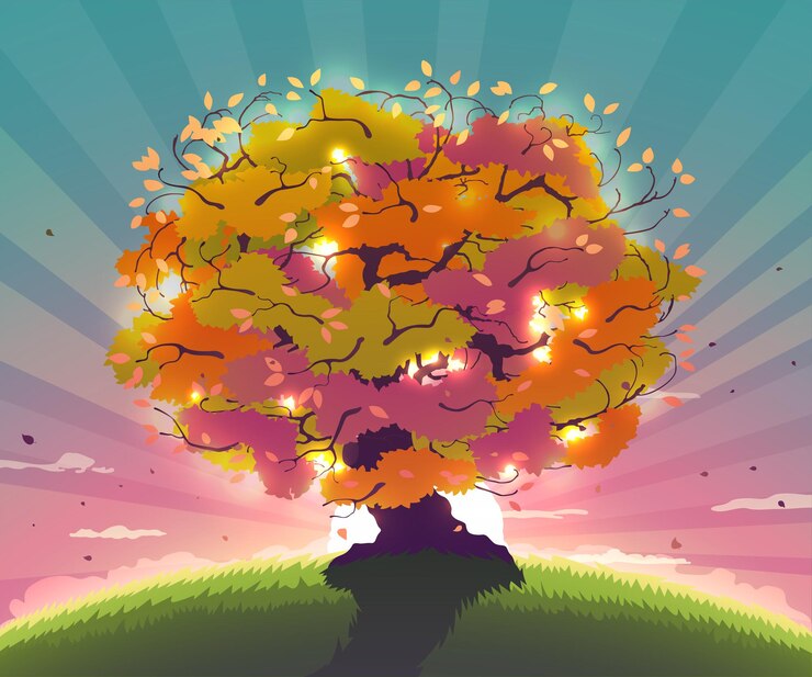 Vector magic spring landscape with tree as colored crown of leaves on the background of a sunny sunset with beautiful rays in nature illustration