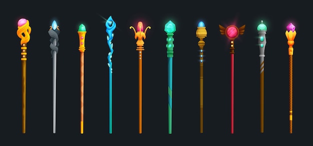 Vector magic staff set wizard sorcerer magician sticks