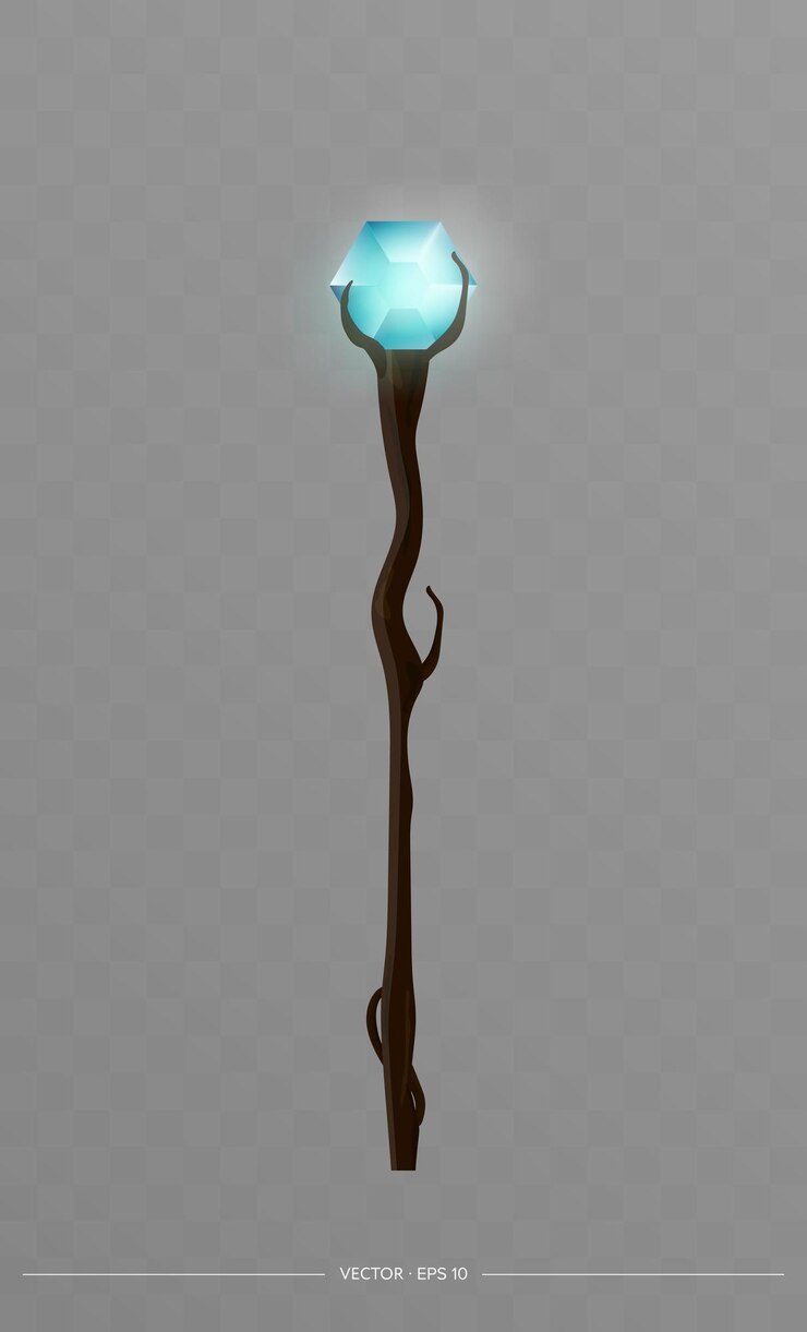 Vector magic staff or walking stick with crystal in cartoon style vector illustration