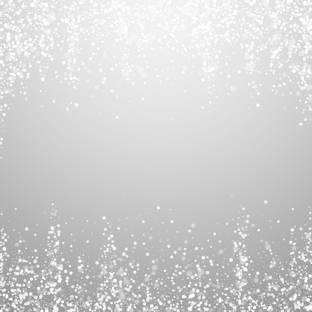Magic stars Christmas background. Subtle flying snow flakes and stars on light grey background. Adorable winter silver snowflake overlay template. Energetic vector illustration.