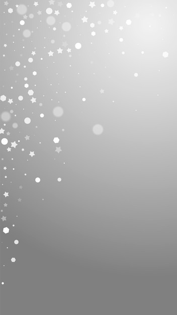 魔法の星ランダムなクリスマスの背景。灰色の背景に微妙な空飛ぶ雪の結晶と星。生きている冬のシルバースノーフレークオーバーレイテンプレート。生き生きとした縦のイラスト。