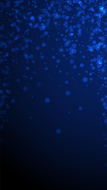 Magic stars sparse Christmas background. Subtle flying snow flakes and stars on dark blue background. Alluring winter silver snowflake overlay template. Delicate vertical illustration.