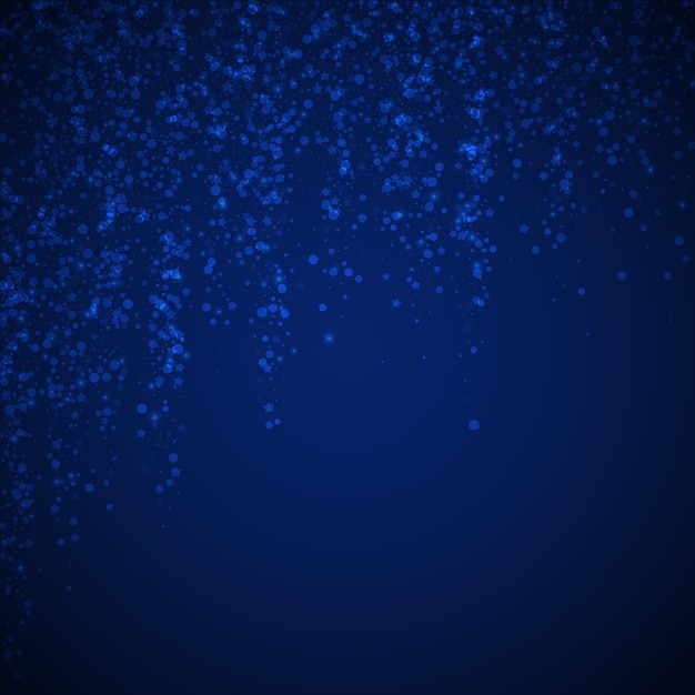 Stelle magiche sparse sfondo di natale. sottili fiocchi di neve volanti e stelle su sfondo notturno blu scuro. adorabile modello di sovrapposizione fiocco di neve d'argento invernale. illustrazione vettoriale degna di nota.