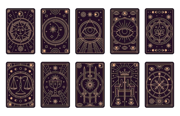 Tarocchi magici carte con vari simboli mistici divinazione e astrologia con l'aiuto di mappe conoscenza del futuro illustrazione vettoriale