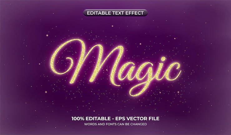 Vector magic text effect with glitter. editable text on a dark purple background