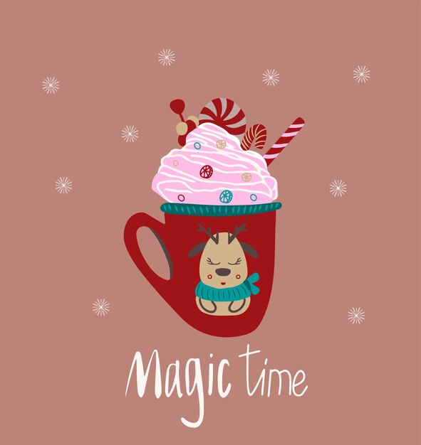 Magic time lettering Cup with whipped cream candies sweets Vector illustration  greeting card print