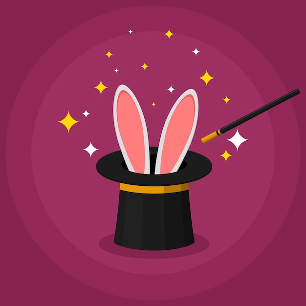 Magic top hat with rabbit ears and wand magician shows trick Entertainment party circus show concept