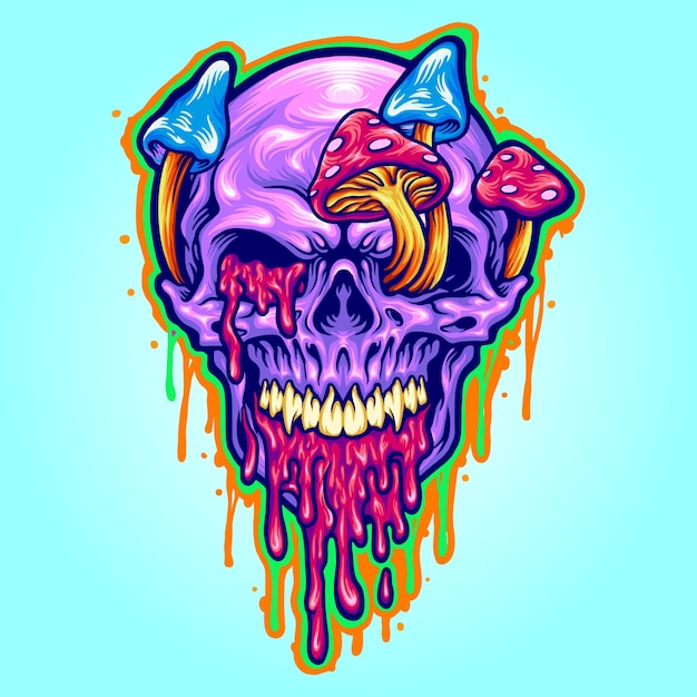 Magic trippy skull mushroom psichedelico illustrazioni vettoriali per il tuo lavoro logo, t-shirt di merce mascotte, adesivi e design di etichette, poster, biglietti di auguri che pubblicizzano aziende o marchi.