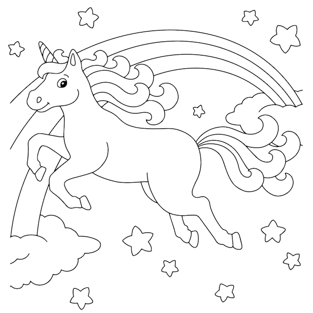 Vettore unicorno magico cavallo delle fate pagina del libro da colorare per bambini personaggio in stile cartone animato illustrazione vettoriale isolata su sfondo bianco