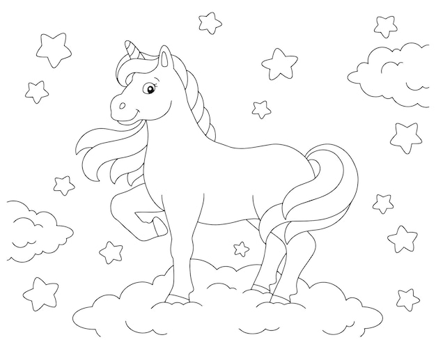 Magic unicorn Fairy horse Coloring book page for kids Cartoon style character