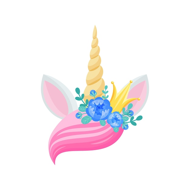 Волшебная голова единорога с розовой челкой, уникальный рог, маленькая золотая корона и голубые цветы, пара ушей, изолированная плоская икона мультфильма, векторные ромашки на голове милой волшебной лошади, букет животных флоры