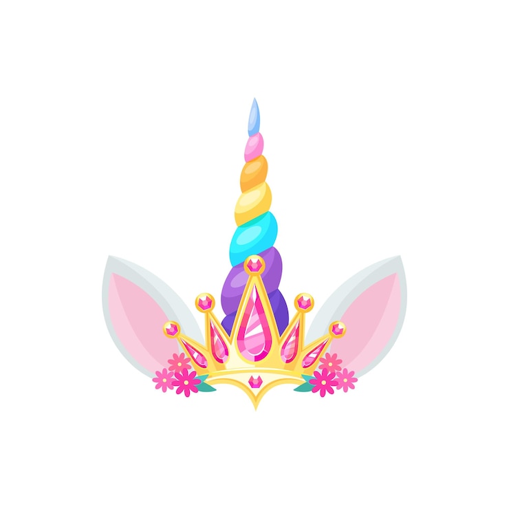 वेक्टर magic unicorn head with rainbow horn golden diamond crown and flowers pair of ears isolated flat cartoon icon vector pink daisies with green leaves cute magic horse animal unique horn decor