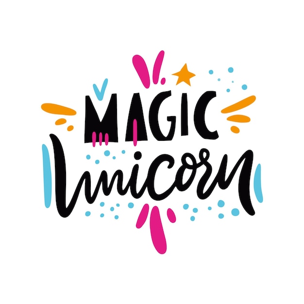 Magic unicorn canta illustrazione vettoriale disegnato a mano e lettering