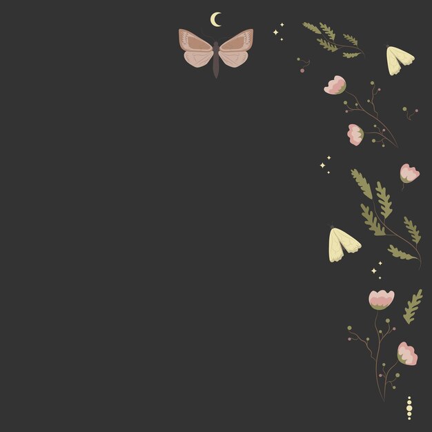 Vector magic vector background with moths moon and stars flowers and botanical elements on dark background