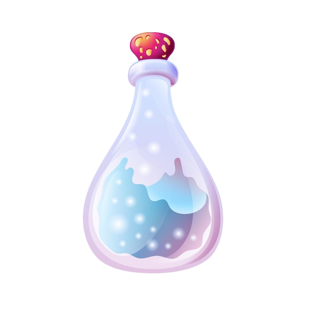 Magic Vector Cartoon Potion glazen kolf fles flacon met kleurrijke vloeistof in pot voor Game Design GUI