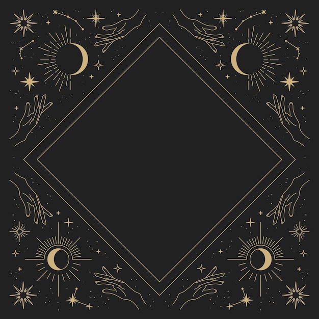 Cornice vettoriale magica con sole, mani, luna, stelle e costellazioni. elegante ornamento d'oro. cornice mistica per design di tarocchi, esoterici, astrologici. modello per poster e stampe.