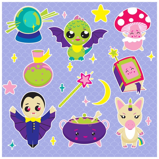 Vector magic vector sticker pack with unicorn vampire mushroom magic potion