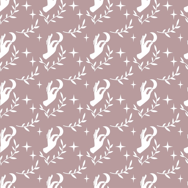 Magic vintage seamless pattern  boho hand with moon star branch isolated on beige backgroun