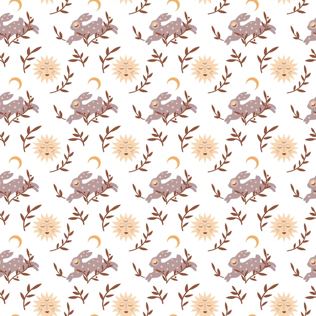 Magic vintage seamless pattern  boho rabbit with moon star leaves isolated on white background