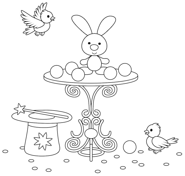 Magic wand a hat of an illusionist a small beautiful table white birds and a cute little bunny