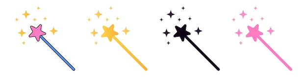 Icona di bacchetta magica oro rosa nero e colorato bastone magico con vettore stellare
