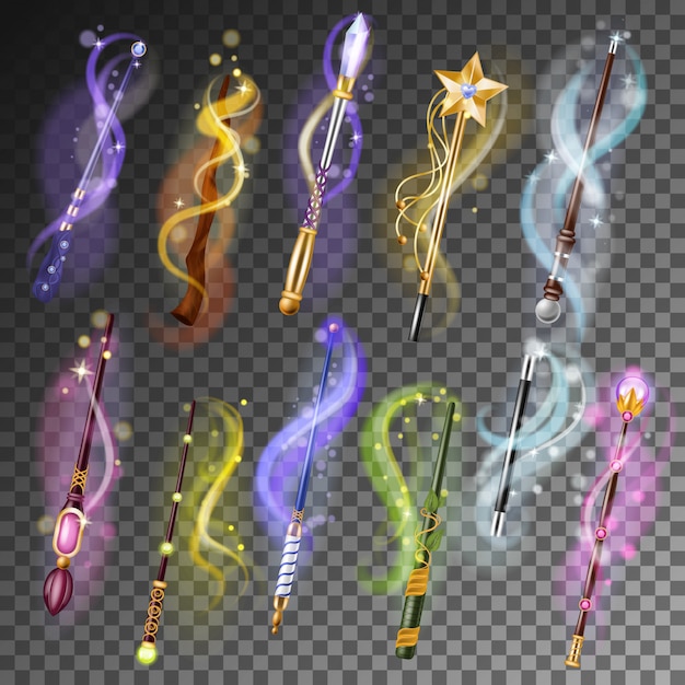 Magic wand miracle stick fantasy magician wizard object illustration magical set of fairytale symbol with star isolated on transparent background