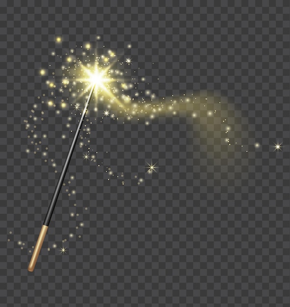 magic wand. realistic fairytale stick with golden sparkle trail. fantasy glitter and shine star. fairy wand and magical light vector concept. magical miracle or wizard blessing with shiny dust