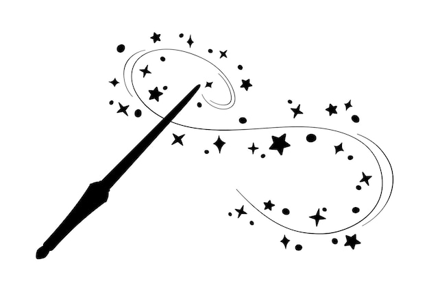 Magic wand silhouette in simple style vector illustration Magician cast spell stars and sparkles