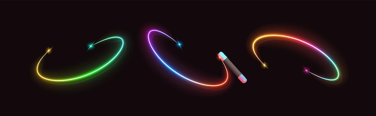 Vector the magic wand waves and leaves a multicolored ring of neon light trail. realistic set isolated. vector illustration