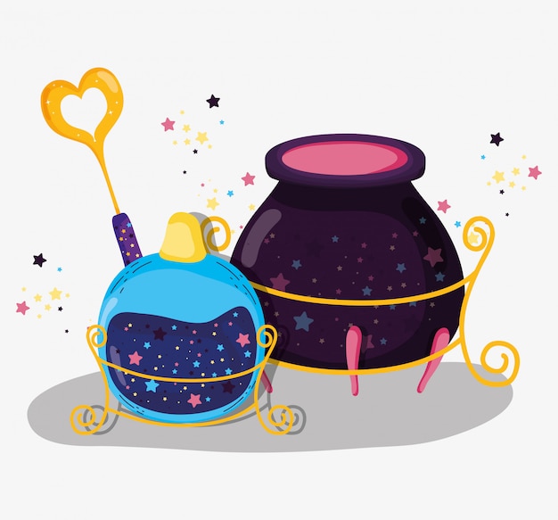 Vector magic wand with cauldron and potion effect