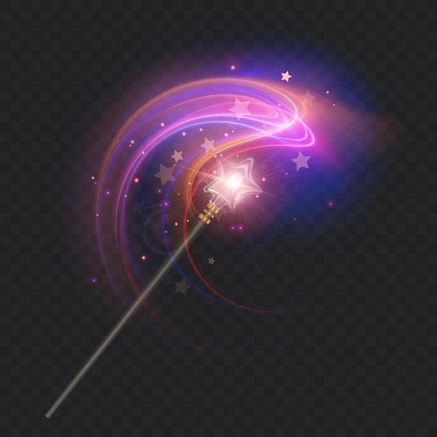 Magic wand with glowing swirl and sparkles isolated on transparent magic scepter with stardust