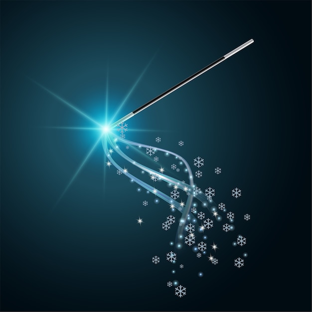 Magic wand with magical blue sparkle trail and flying snowflakes