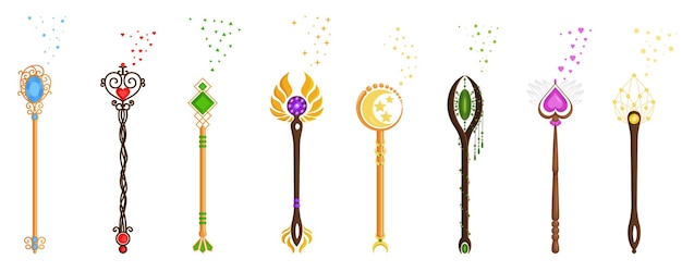 Vector magic wands set various wizards of magic wand vector illustration flat design