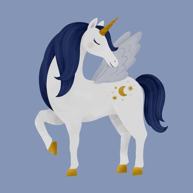 Vector magic white unicorn with blue mane and golden stars and moon watercolor vector illustration